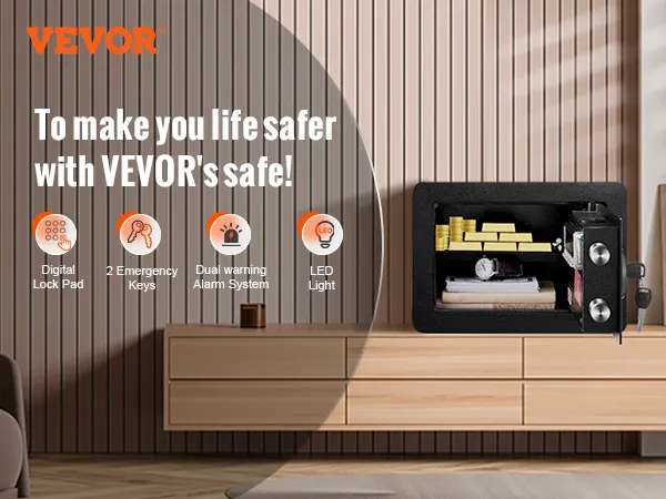 VEVOR safe with digital lock pad, emergency keys, dual alarm system, led light, storing valuables.