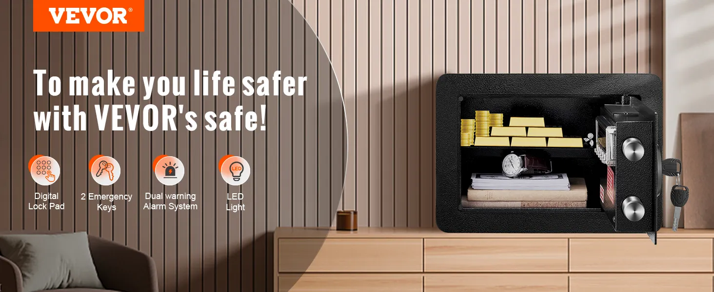 VEVOR safe with digital lock pad, emergency keys, dual alarm system, led light, storing valuables.
