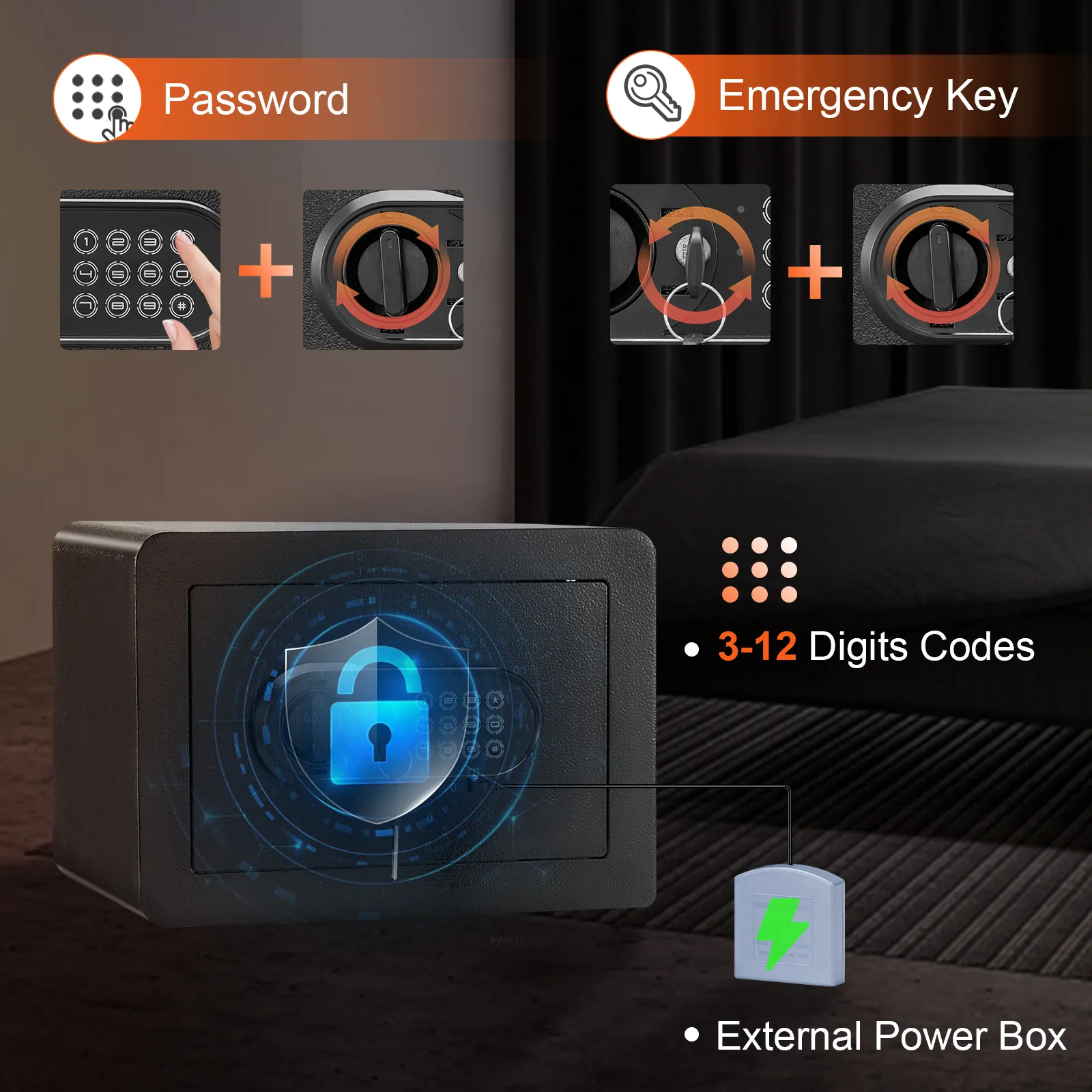 VEVOR safe with password and emergency key options, displaying 3-12 digit codes and an external power box.