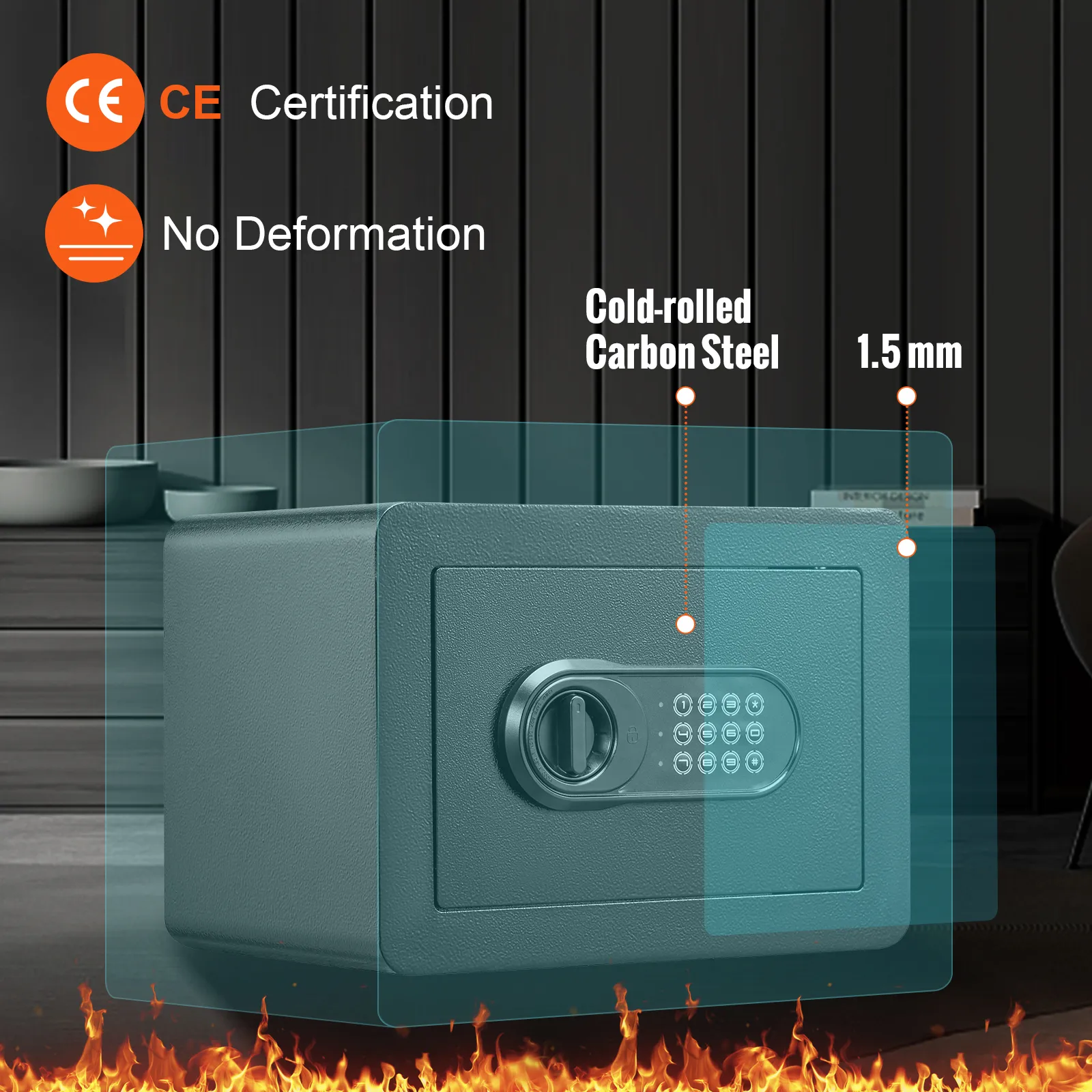 VEVOR safe with ce certification in a modern room, featuring cold-rolled carbon steel and 1.5 mm thickness.