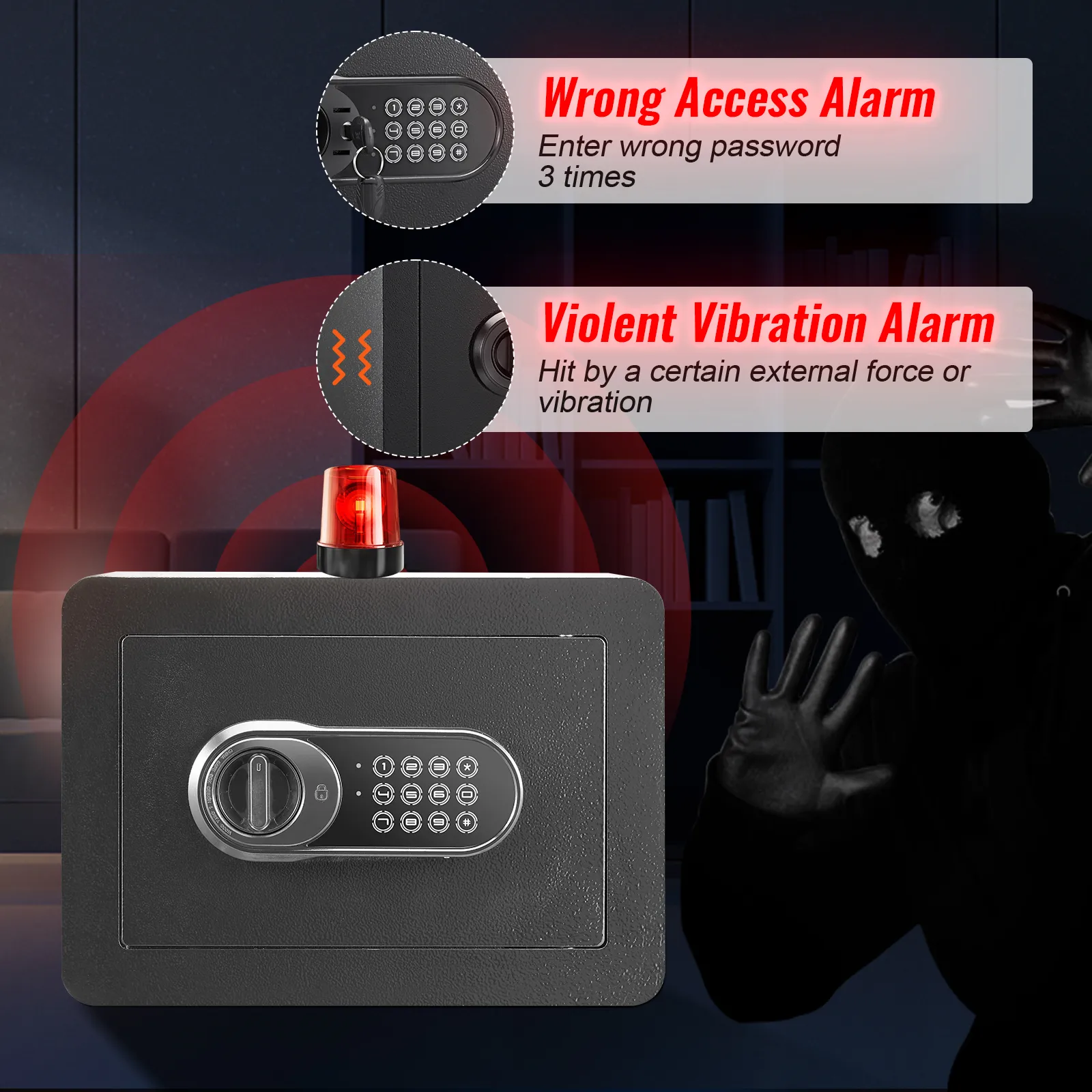 VEVOR safe with alarm alerts for wrong access and violent vibration, featuring keypad and red light.