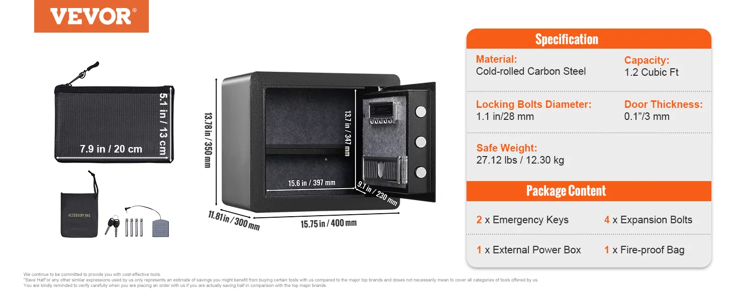 VEVOR home safe, carbon steel, 1.2 cubic ft, 27.12 lbs, includes keys, bolts, power box, and fire-proof bag.