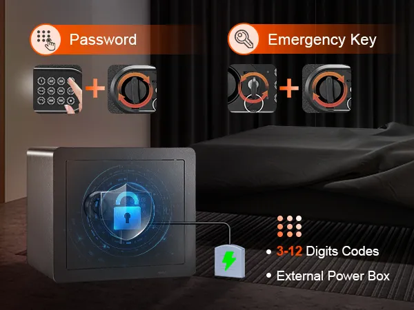 VEVOR home safe in a bedroom with password and emergency key features, external power box, and 3-12 digit codes.