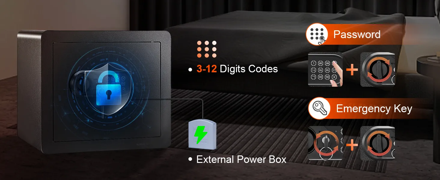 VEVOR home safe in a bedroom with password and emergency key features, external power box, and 3-12 digit codes.