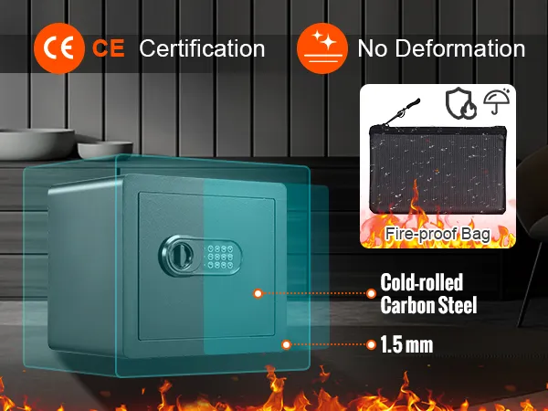 VEVOR home safe made of cold-rolled carbon steel, 1.5 mm thickness, with fire-proof bag amidst flames.