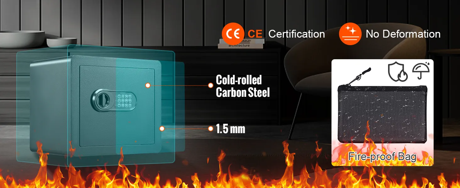 VEVOR home safe made of cold-rolled carbon steel, 1.5 mm thickness, with fire-proof bag amidst flames.