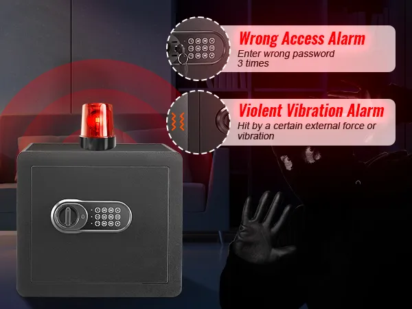 VEVOR home safe with wrong access and violent vibration alarms, red alert light, secure keypad lock.