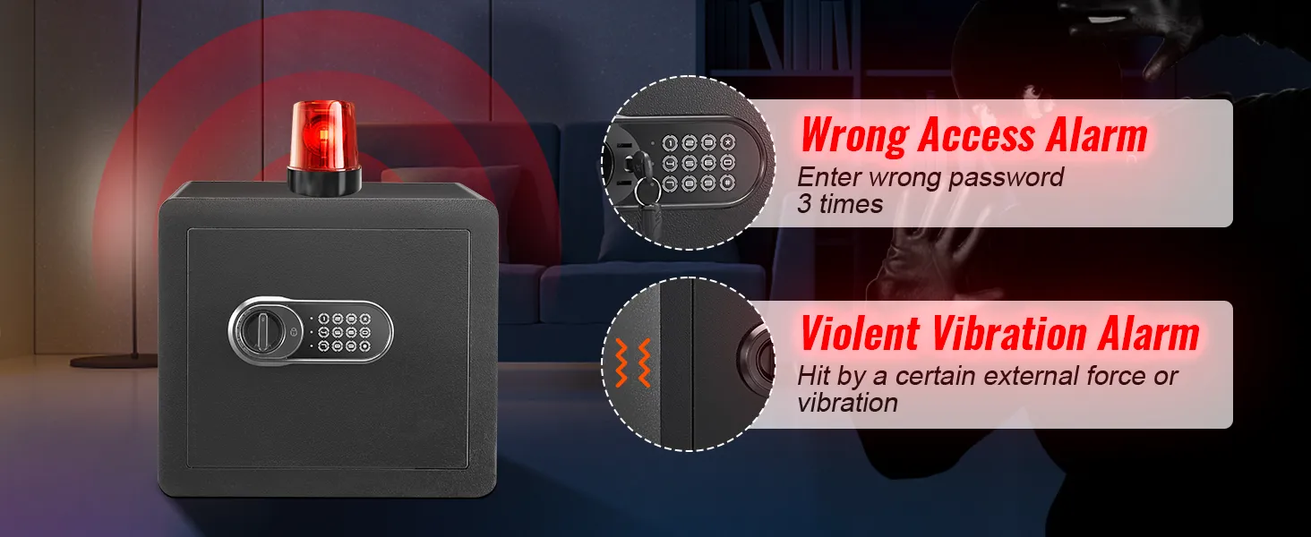 VEVOR home safe with wrong access and violent vibration alarms, red alert light, secure keypad lock.
