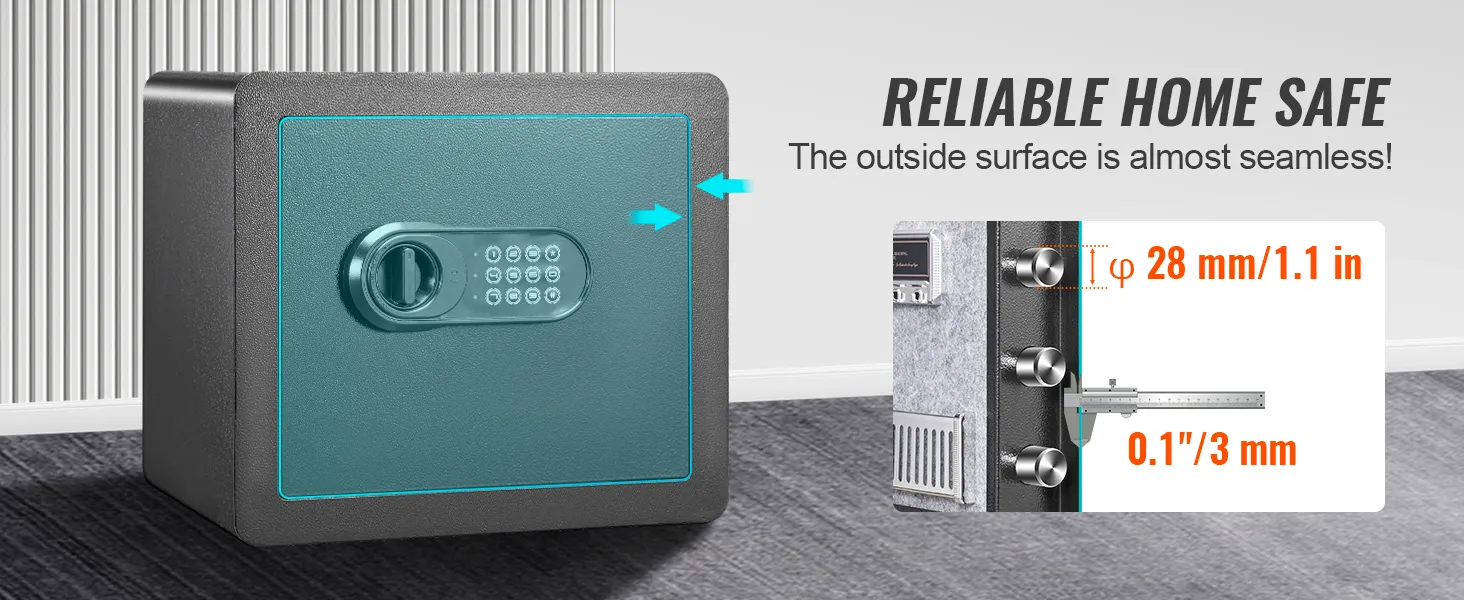 VEVOR home safe with seamless design, 28 mm bolts, and 3 mm thick steel door.