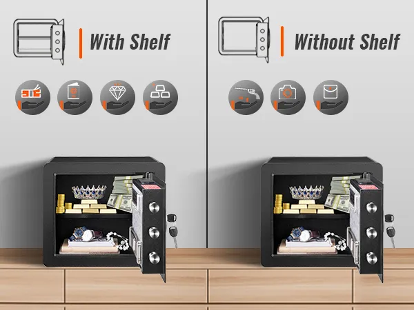VEVOR home safe comparison with and without shelf, storing cash, jewelry, documents, camera, and gun.