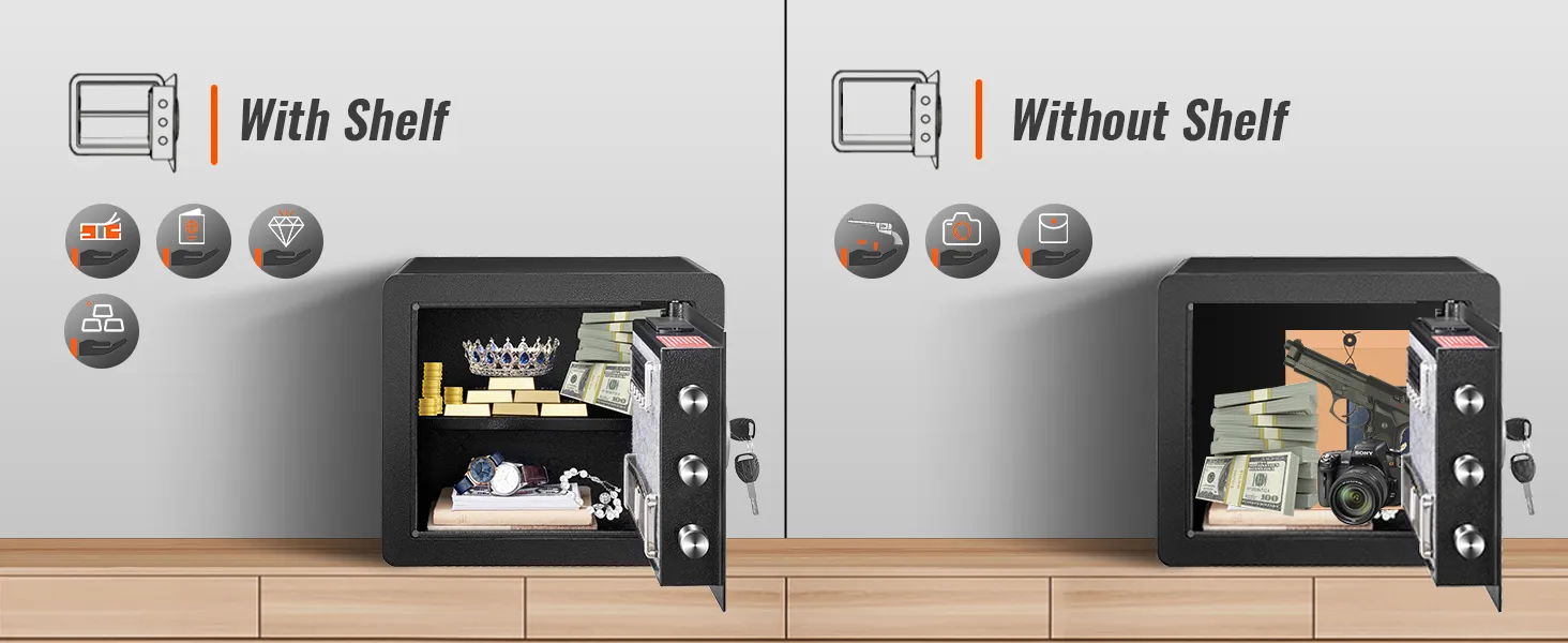 VEVOR home safe comparison with and without shelf, storing cash, jewelry, documents, camera, and gun.