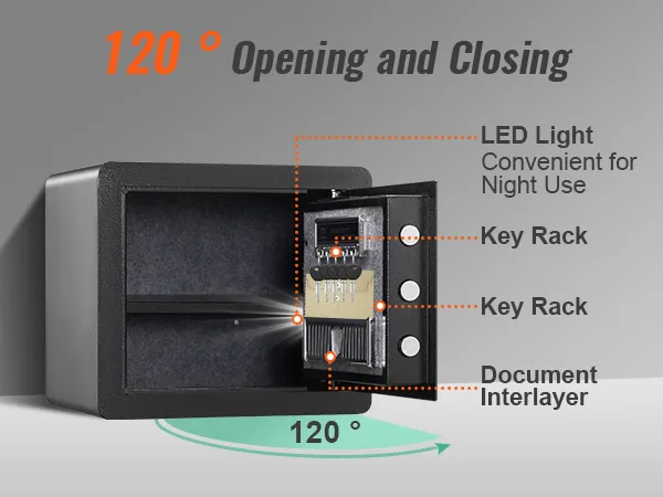 open VEVOR home safe with led light, key rack, felt backboard, document interlayer, 120° hinge.