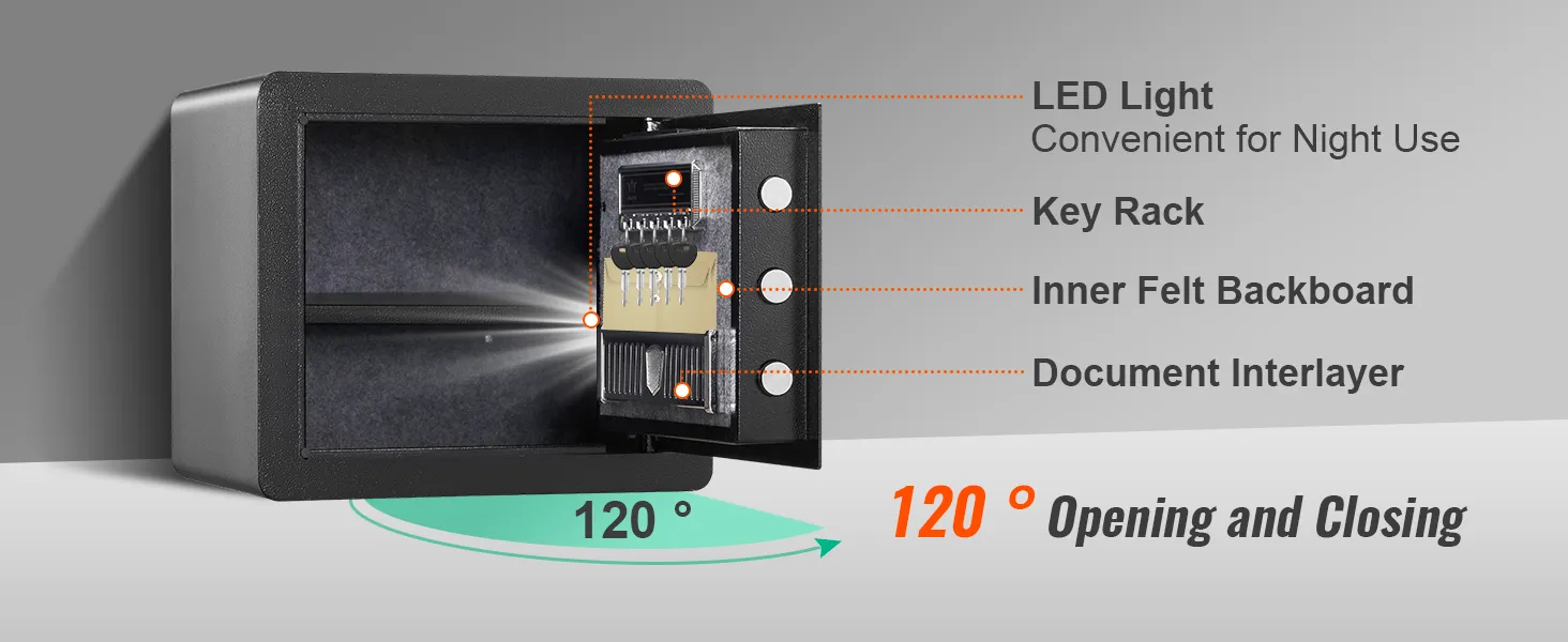 open VEVOR home safe with led light, key rack, felt backboard, document interlayer, 120° hinge.