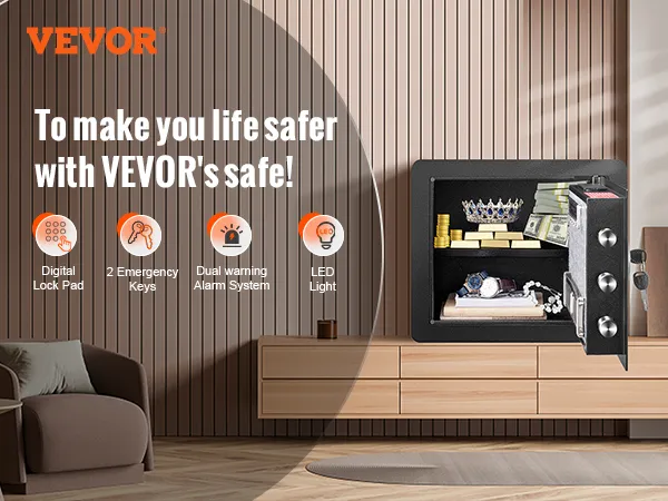 VEVOR home safe with digital lock pad, dual warning alarm, and led light, storing valuables securely.