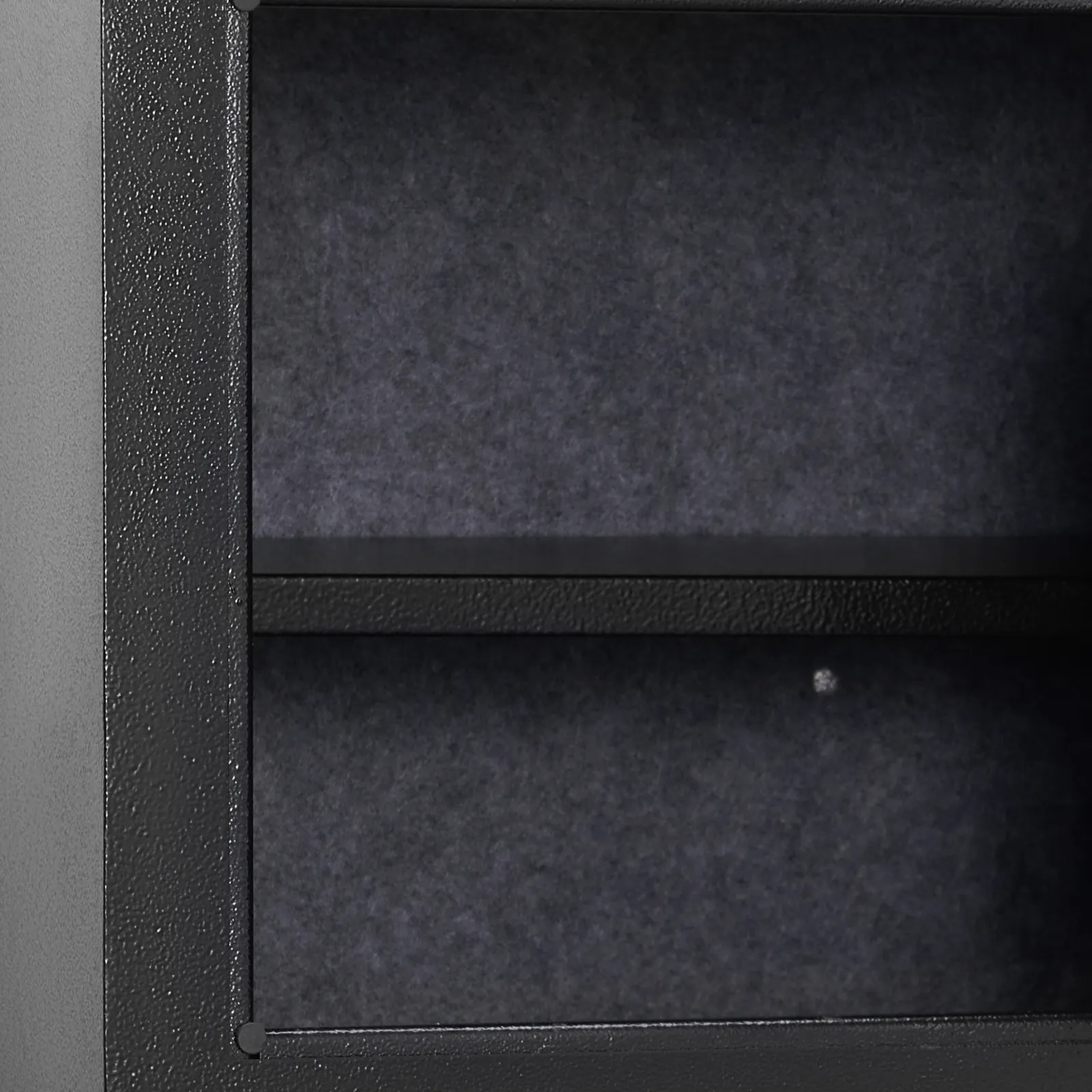 VEVOR home safe, close-up of interior with shelf and textured black frame.
