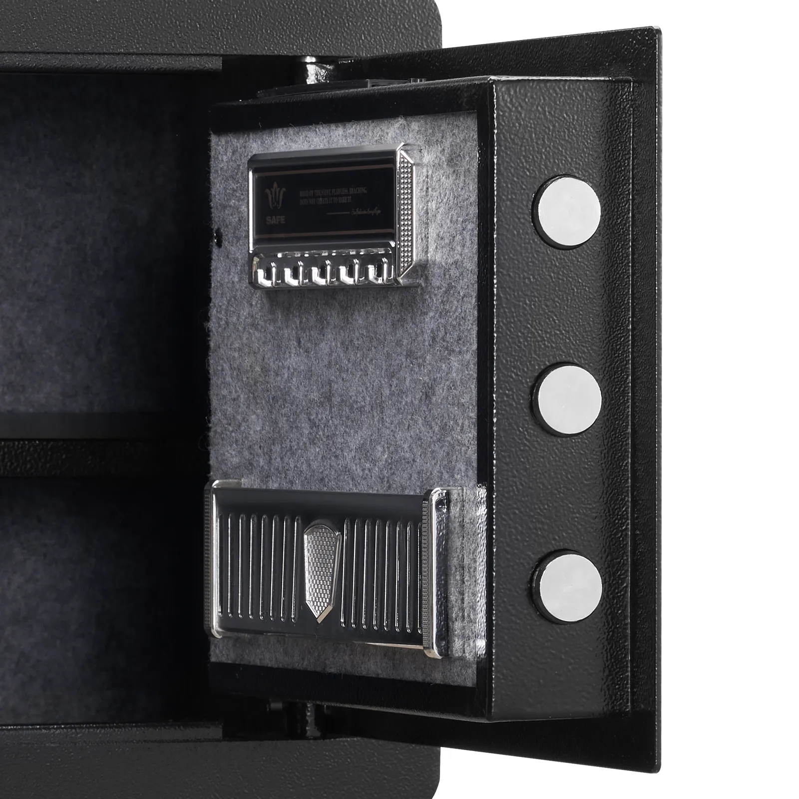 open VEVOR home safe with secure locking mechanism and carpeted interior for valuables.