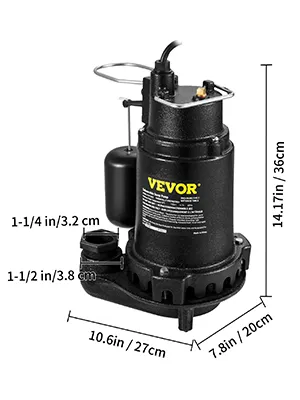 Bomba sumergible para aguas residuales VEVOR en color negro, 14,17 pulgadas de alto, 10,6 pulgadas de largo, 7,8 pulgadas de ancho con medidas de tubería.