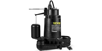 Bomba sumergible para aguas residuales VEVOR con interruptor de flotador y cable de alimentación, mostrada sobre un fondo blanco.