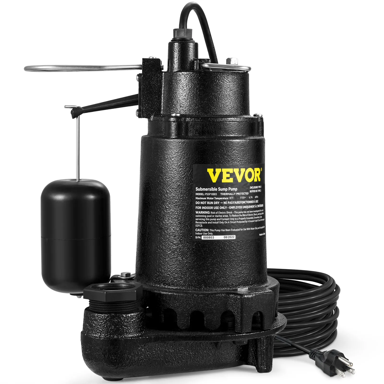 Bomba sumergible para aguas residuales VEVOR con interruptor de flotador negro y cable de alimentación adjunto.