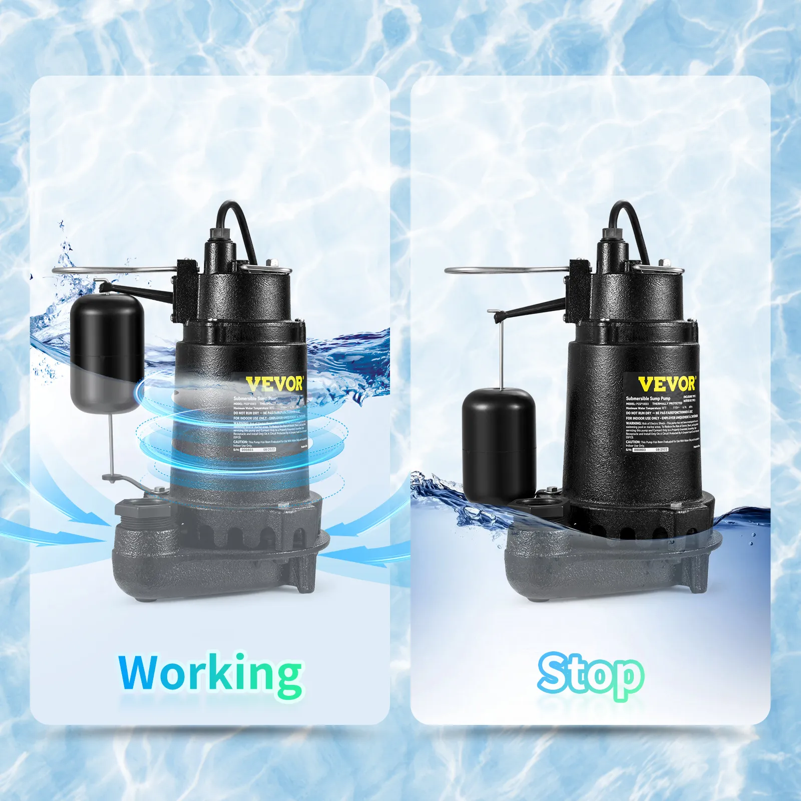 Bomba sumergible de aguas residuales VEVOR funcionando y parada en el agua.