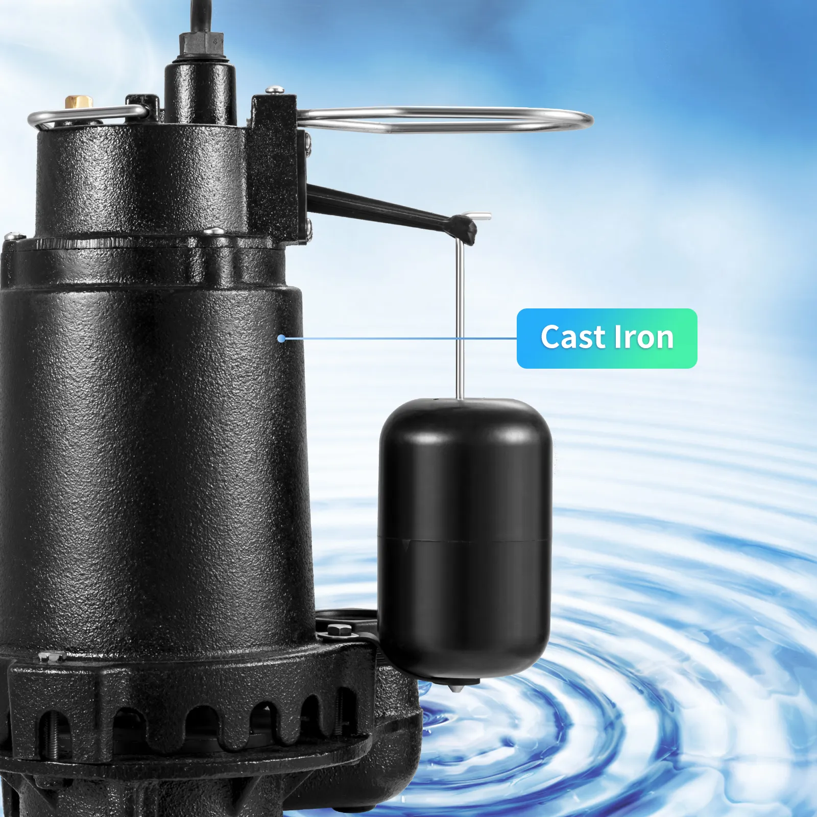 Bomba sumergible para aguas residuales VEVOR con carcasa de hierro fundido y fondo de ondas de agua.