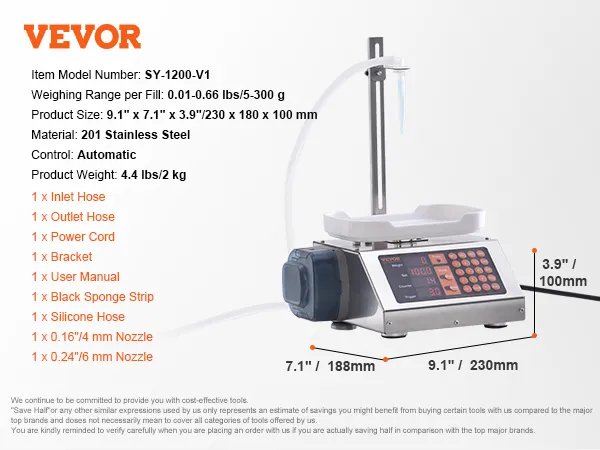 VEVOR liquid filling machine sy-1200-v1, 201 stainless steel, automatic control, 5-300g range.