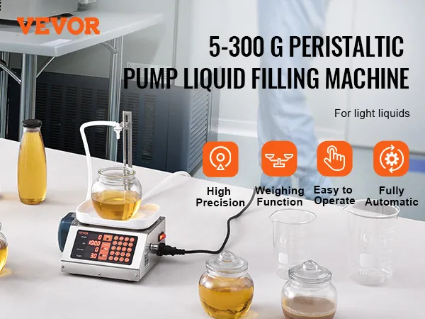 VEVOR liquid filling machine 5-300g, high precision, weighing function, easy to operate, fully automatic.