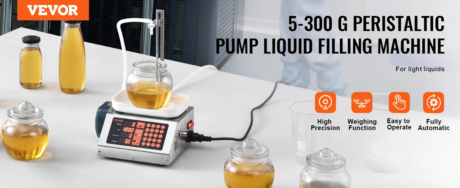 VEVOR liquid filling machine 5-300g, high precision, weighing function, easy to operate, fully automatic.
