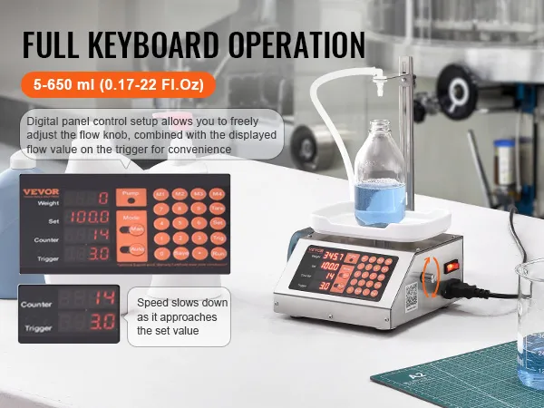 VEVOR liquid filling machine with digital control panel for precise counting and filling, accuracy ±0.5g.