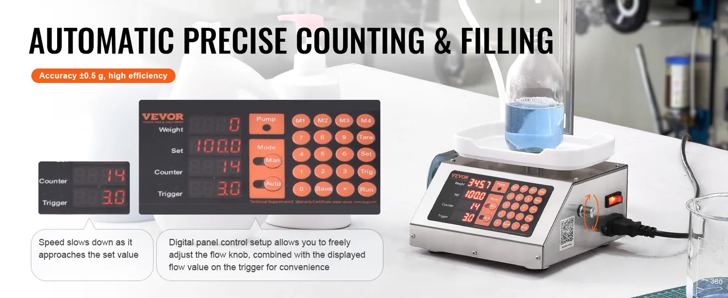 VEVOR liquid filling machine with digital control panel for precise counting and filling, accuracy ±0.5g.