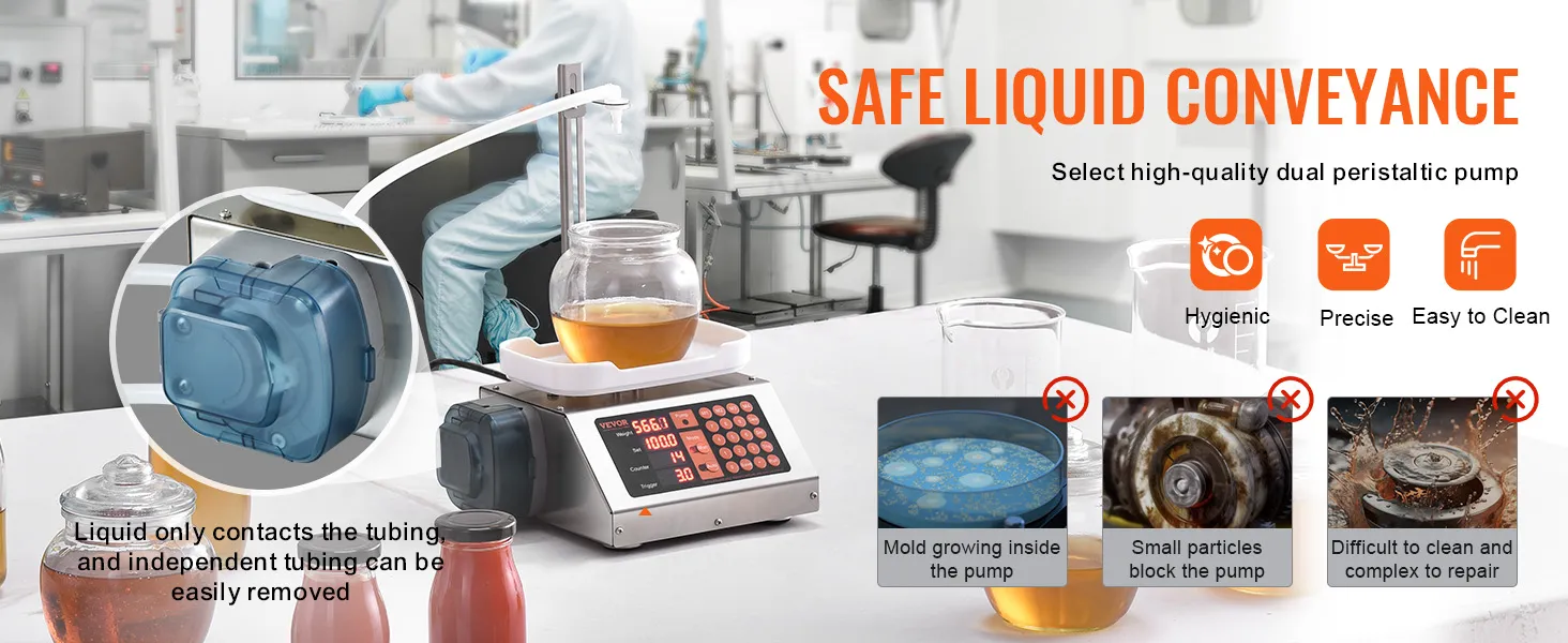 VEVOR liquid filling machine in a lab setting, emphasizing hygiene, precision, and ease of cleaning.