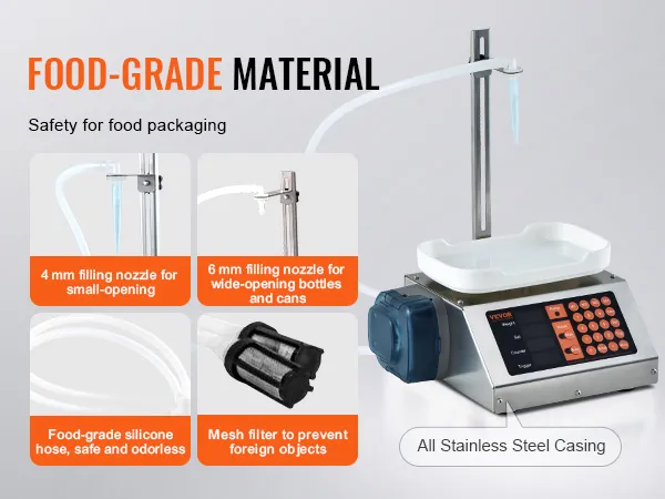 VEVOR liquid filling machine with stainless steel casing, various nozzles, silicone hose, and mesh filter.