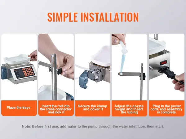 VEVOR liquid filling machine installation steps: place tray, insert rod, secure clamp, adjust nozzle, plug in.