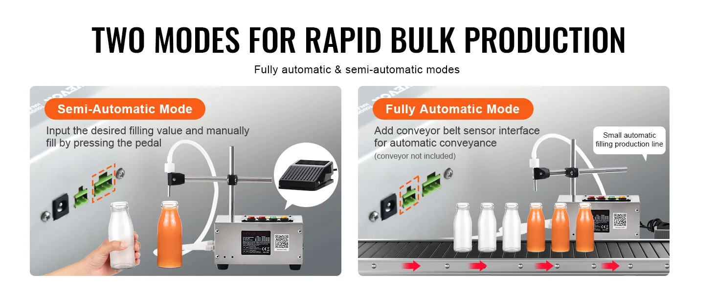 two modes for rapid bulk production: VEVOR liquid filling machine, fully automatic and semi-automatic modes.