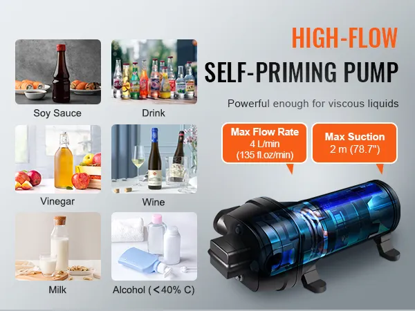 high-flow self-priming pump for soy sauce, drink, wine, vinegar, milk, and alcohol with VEVOR liquid filling machine.