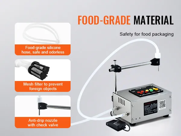 food-grade material VEVOR liquid filling machine with silicone hose, mesh filter, and anti-drip nozzle.