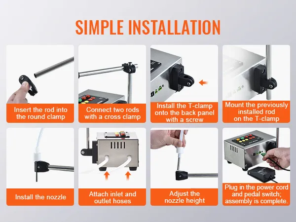 VEVOR liquid filling machine simple installation guide with steps to assemble and connect components.