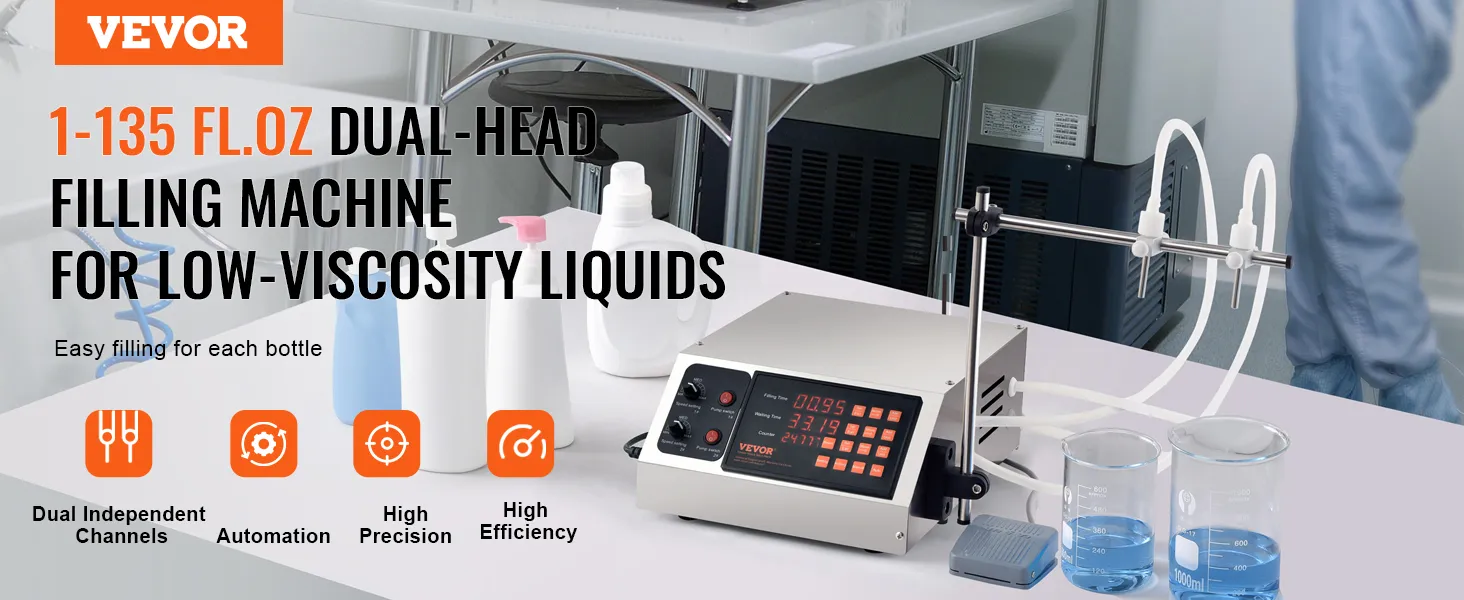 VEVOR liquid filling machine, dual-head, 1-135 fl.oz, for low-viscosity liquids, ideal for automation.