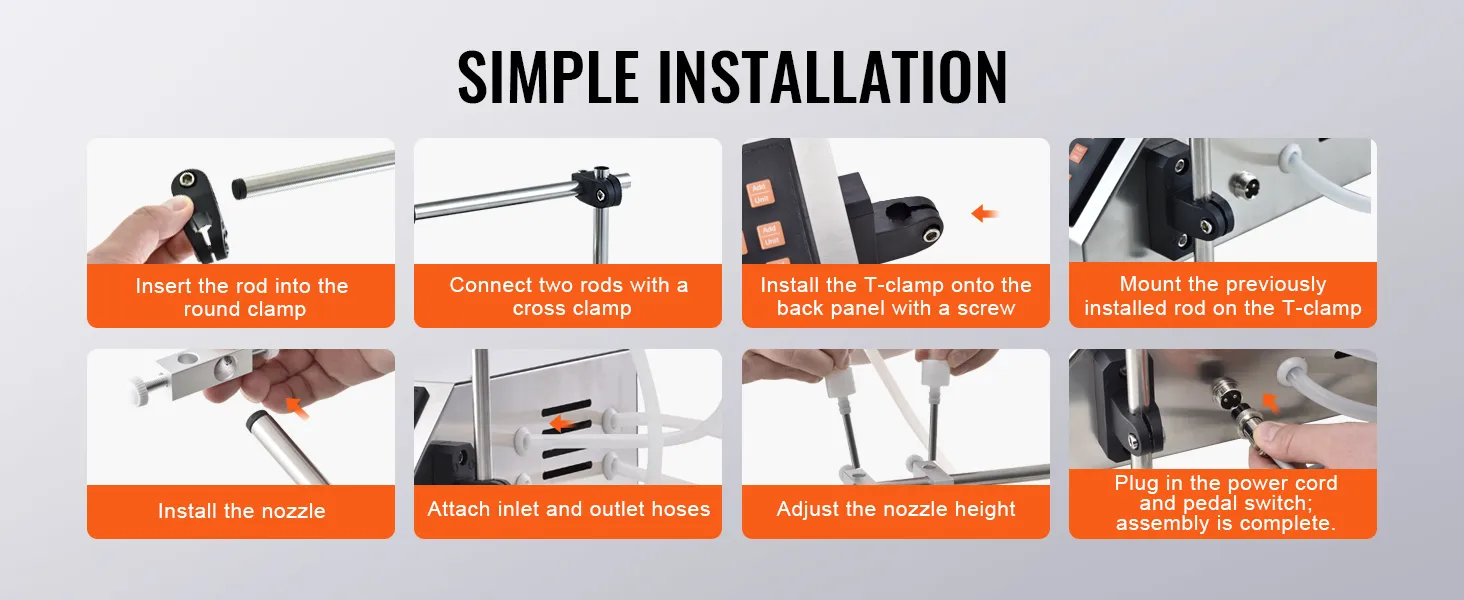 simple installation steps for the VEVOR liquid filling machine, showcasing rods, clamps, hoses, and nozzles.