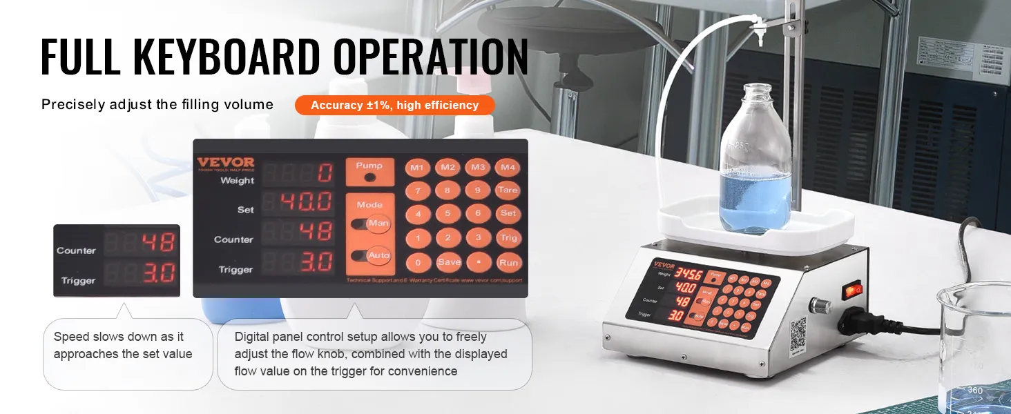 VEVOR liquid filling machine with digital panel control and full keyboard operation.