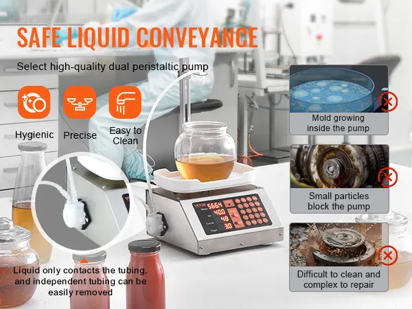 VEVOR liquid filling machine showcasing safe liquid conveyance with dual peristaltic pump and clean tubing.