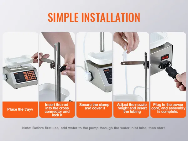 simple installation steps for the VEVOR liquid filling machine: place the tray, lock the rod, secure, adjust, plug in.