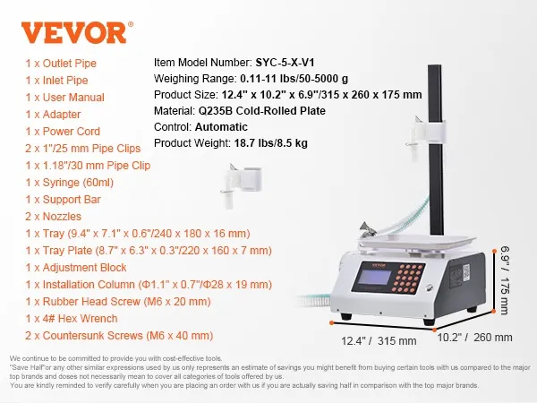 Máquina llenadora de líquidos VEVOR, syc-5-x-v1, automática, 0,11-11 lbs, 12,4" x 10,2" x 6,9", 18,7 lbs.