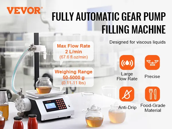 Máquina llenadora de líquidos VEVOR con caudal máximo de 2 l/min, rango de pesaje de 50-5000 g y diseño antigoteo.
