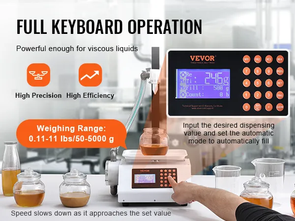 Máquina llenadora de líquidos VEVOR con operación de teclado completo para un llenado preciso y eficiente.