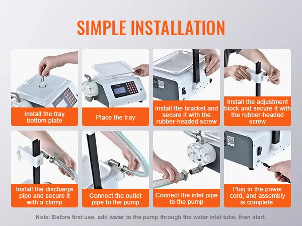 Pasos de instalación sencillos para la máquina llenadora de líquidos VEVOR, incluida la bandeja, las tuberías y la conexión del cable de alimentación.