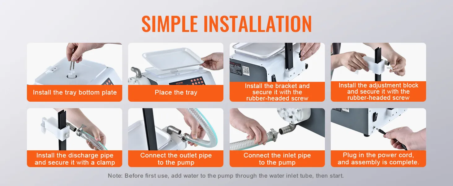Pasos de instalación sencillos para la máquina llenadora de líquidos VEVOR, incluida la bandeja, las tuberías y la conexión del cable de alimentación.