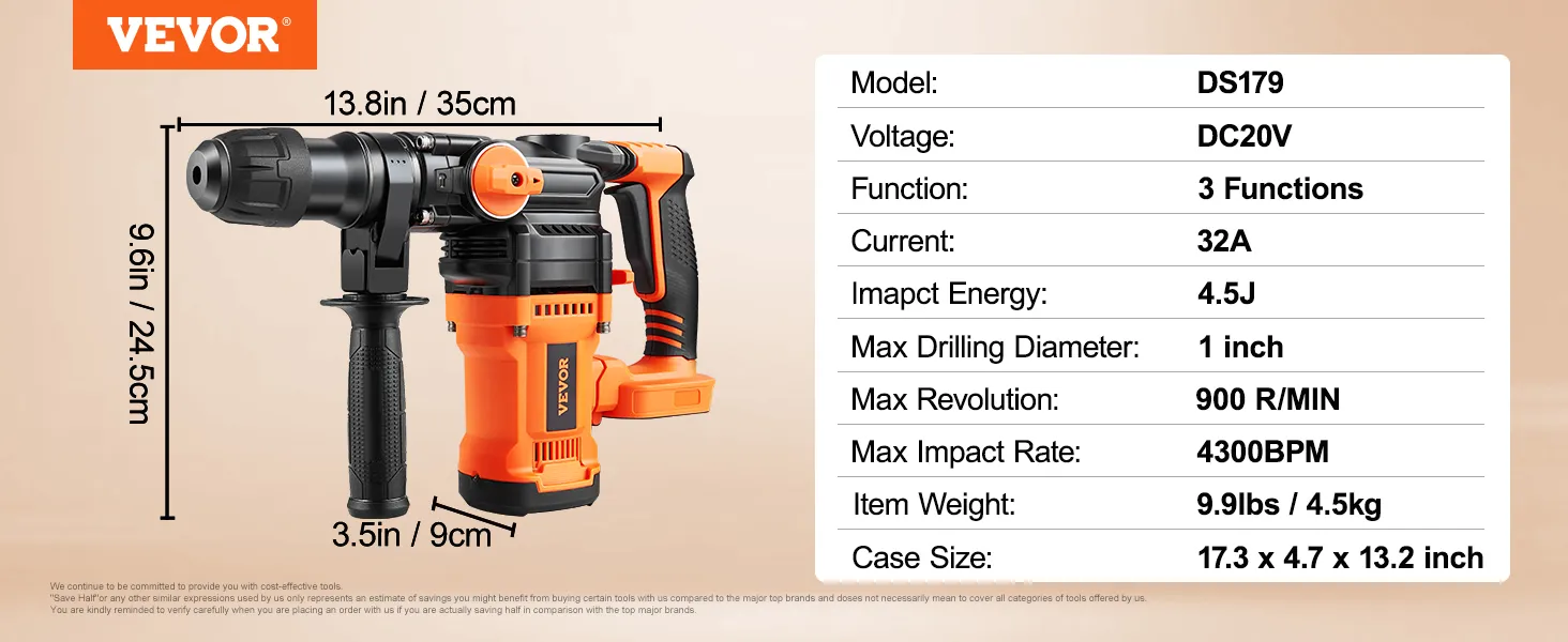 VEVOR rotary hammer drill with 4.5j impact energy, dc20v, 3 functions, and 1-inch max drilling diameter.