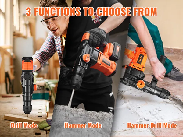 VEVOR rotary hammer drill showcasing drill, hammer, and hammer drill modes in a workshop.
