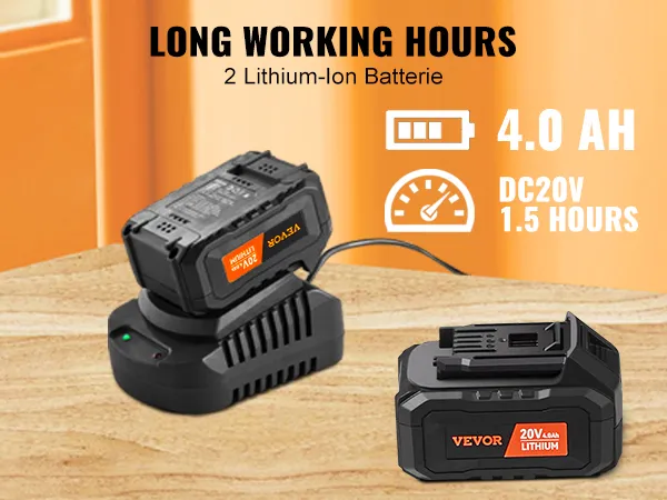 VEVOR rotary hammer drill 20v lithium-ion battery with charger, 4.0 ah, long working hours.